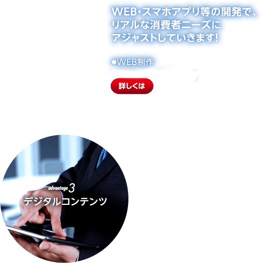 advantage3 デジタルコンテンツ WEB・スマホアプリ等の開発で、リアルな消費者ニーズにアジャストしていきます！●WEB制作●専用スマホアプリ配信